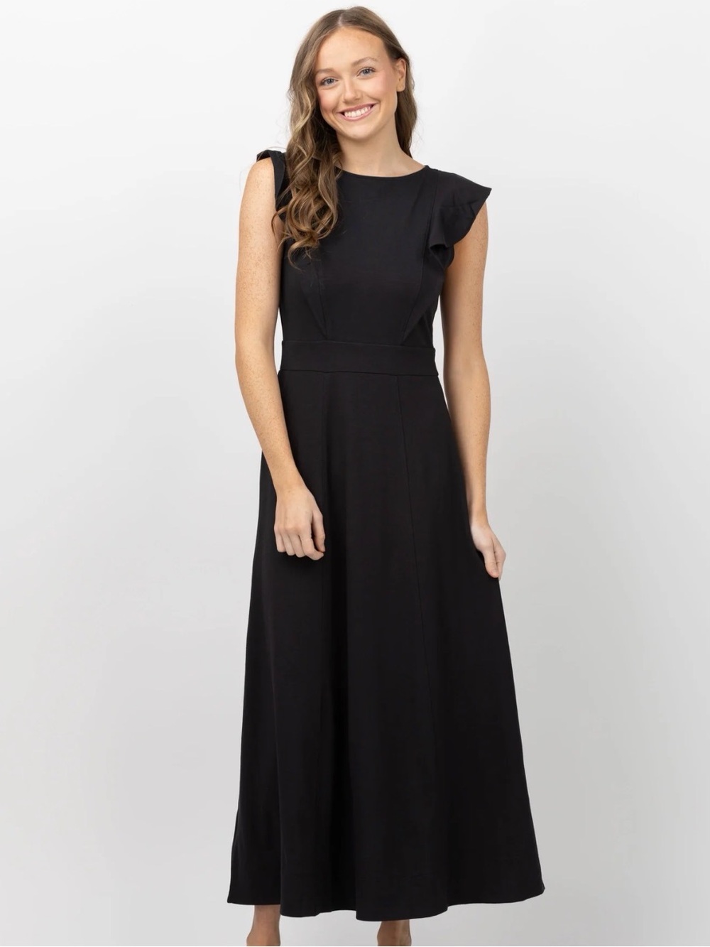 Lilla P Flounce Black Maxi Dress With Ruffle Trim Chest, Size M Resort Wear Nwt